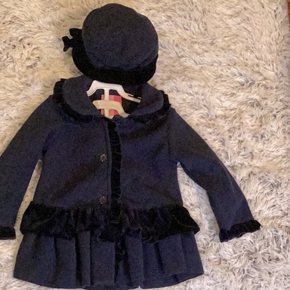 GOODLAD GIRLS NAVY VELVET RUFFLE HAT & COAT SET SZ. 3T